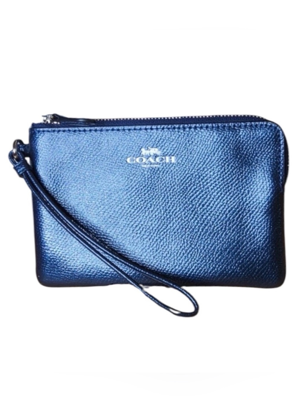 Coach Metallic Blue Crossgrain Leather Zip Around Wristlet